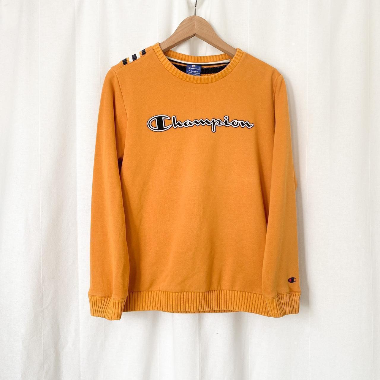 Mustard Champion Logo Sweatshirt with Striped Ribbed. Depop