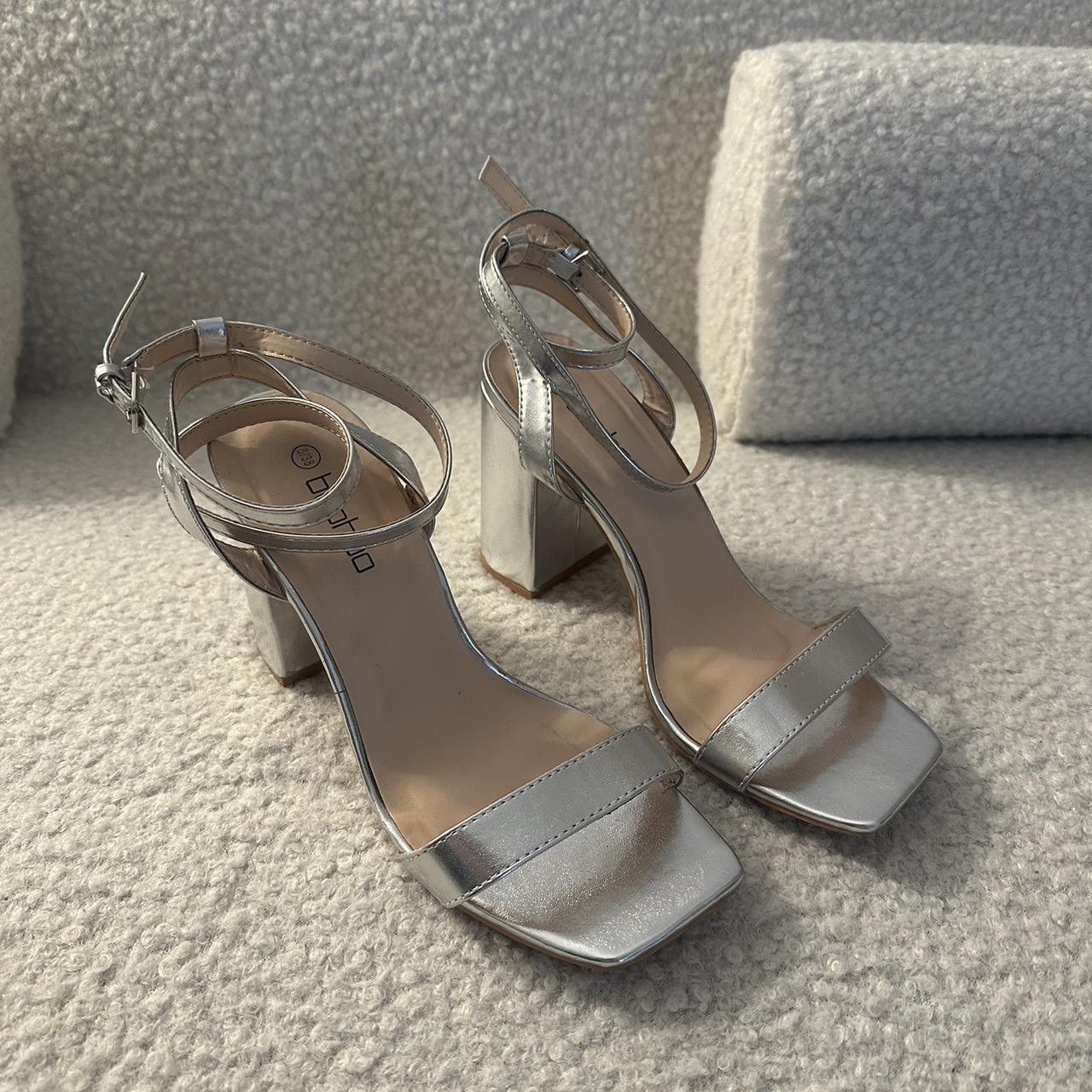 Boohoo silver heeled sandals, size 5, worn once... - Depop