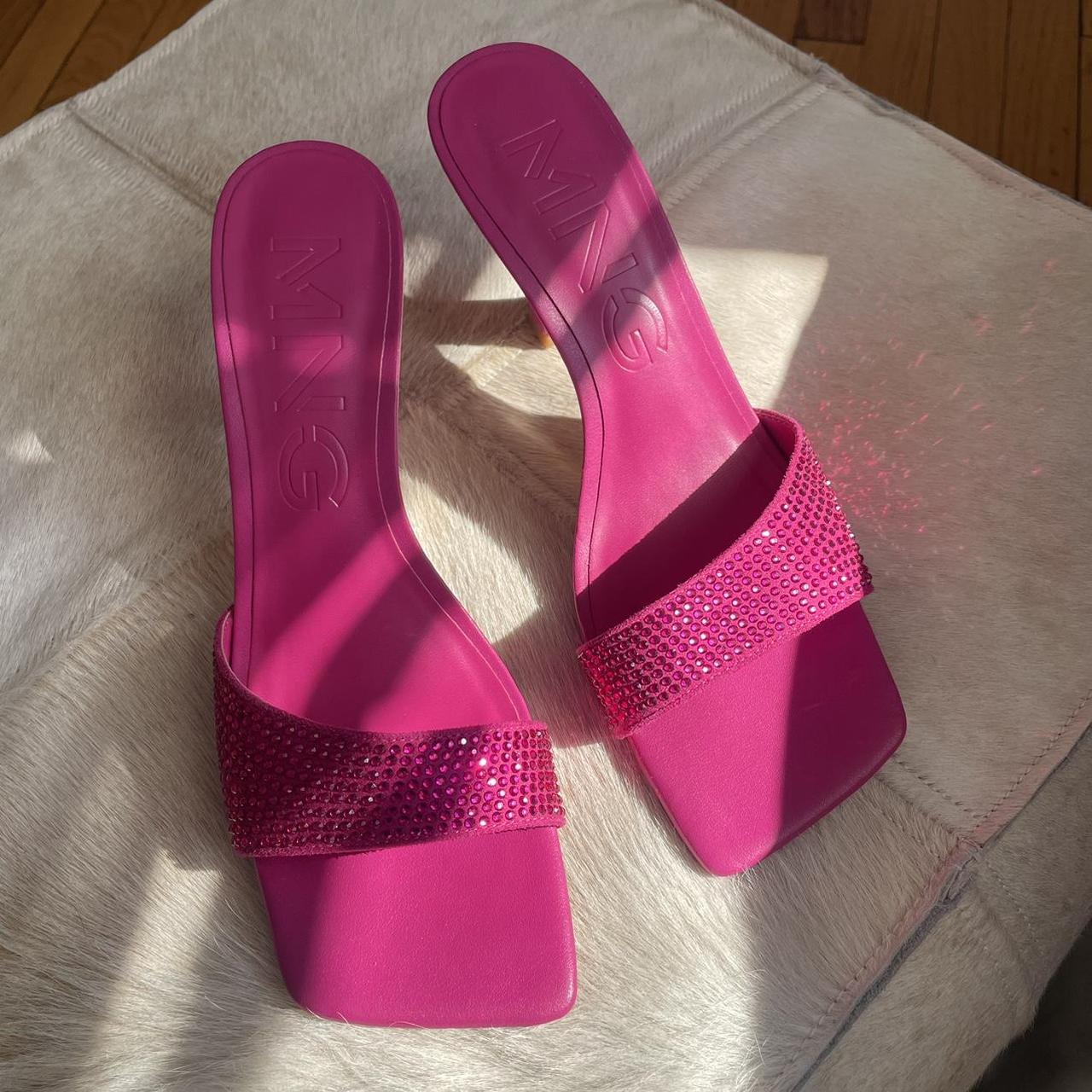 MANGO hot pink rhinestone mule sandals with kitten... Depop