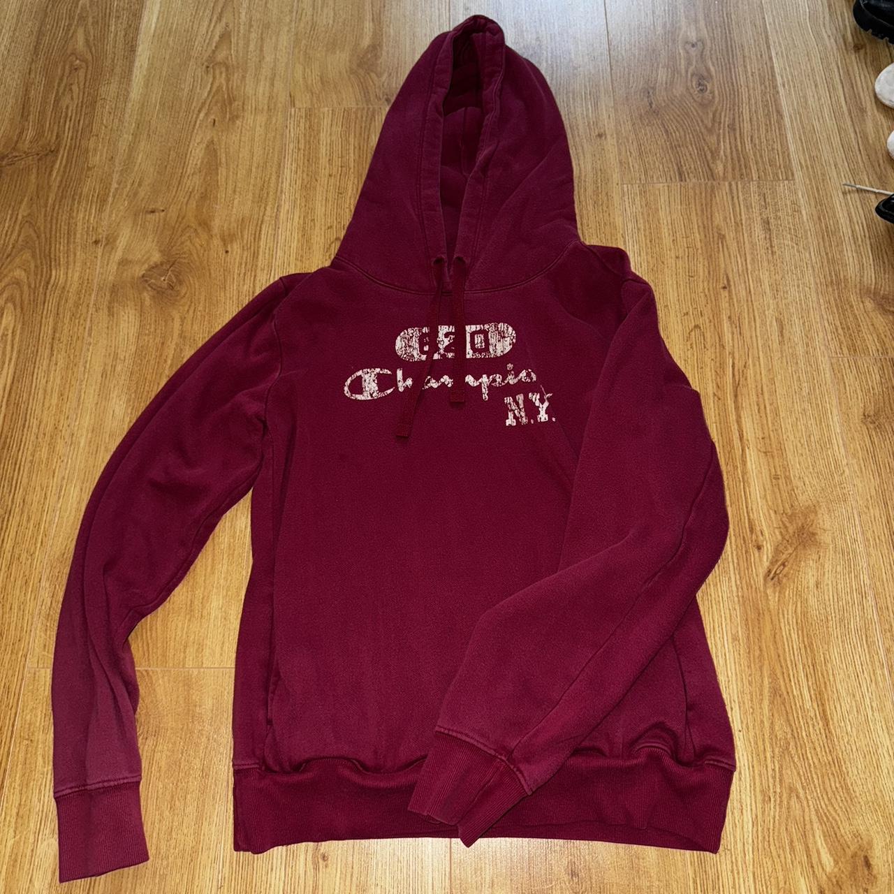 Wine red coloured vintage champion hoodie worn. Depop