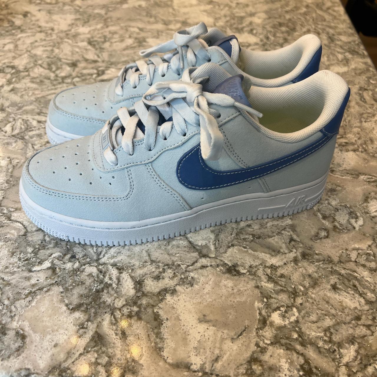 Nike Air Force 1 blue and white trainers, Women’s 7 - Depop