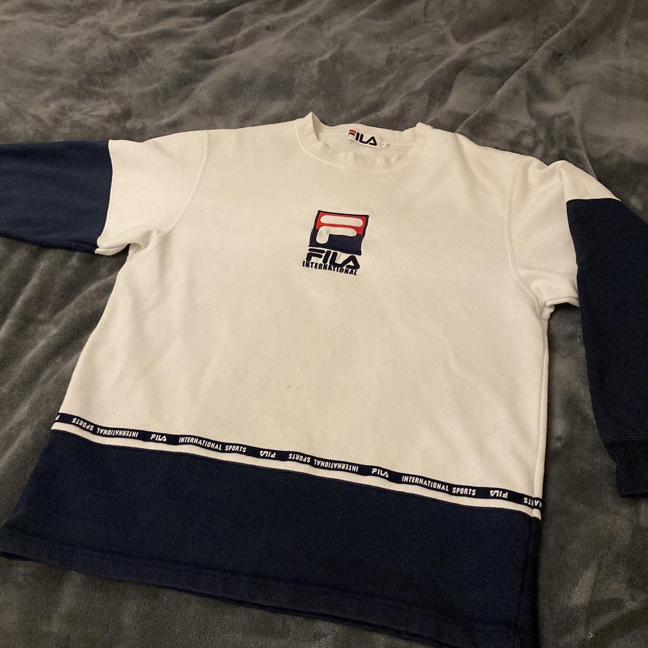 Retro Fila Jumper ️White and Blue Fila Jumper ️Size... - Depop