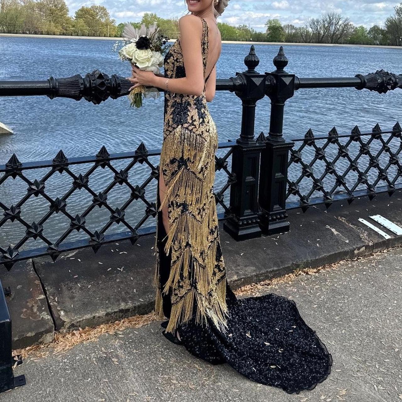 Black and gold beaded dress with a train promdress Depop