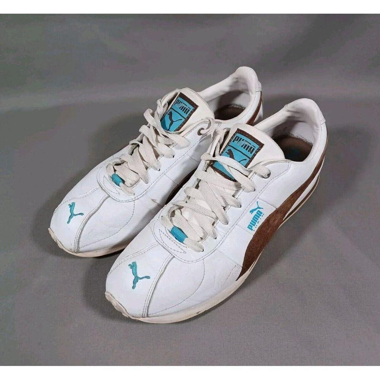 Puma Shoes Womens 10 White Brown Blue Leather Suede. Depop