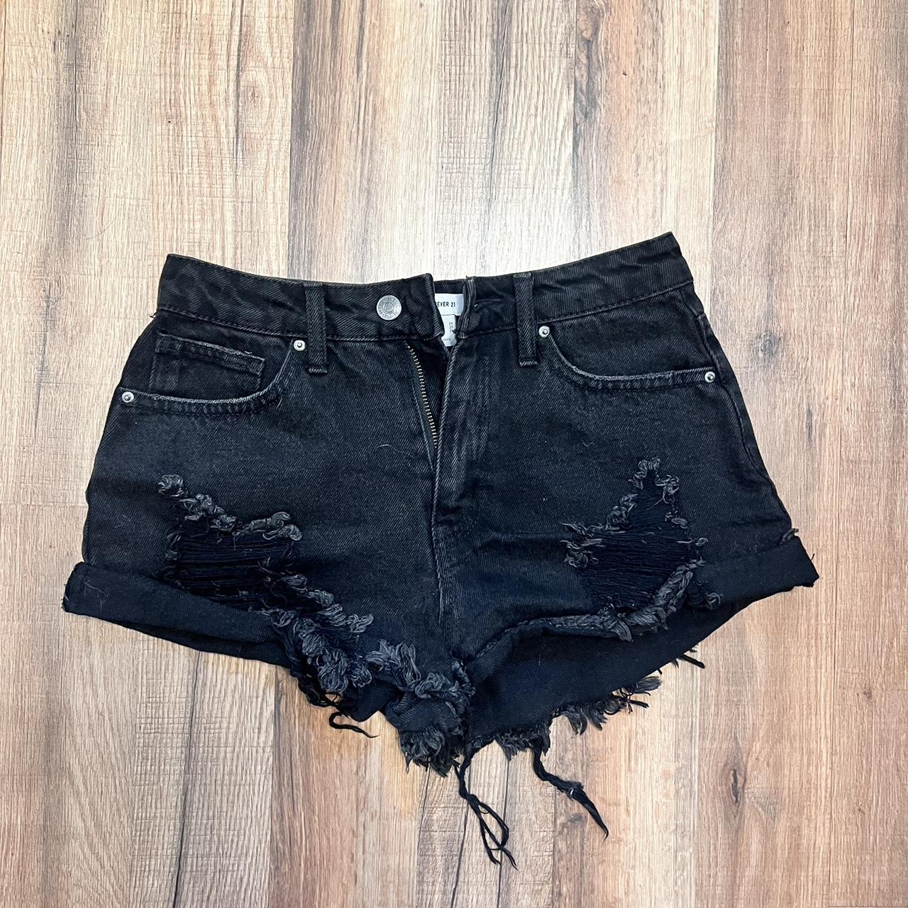 High waisted black denim shorts with distressed. Depop