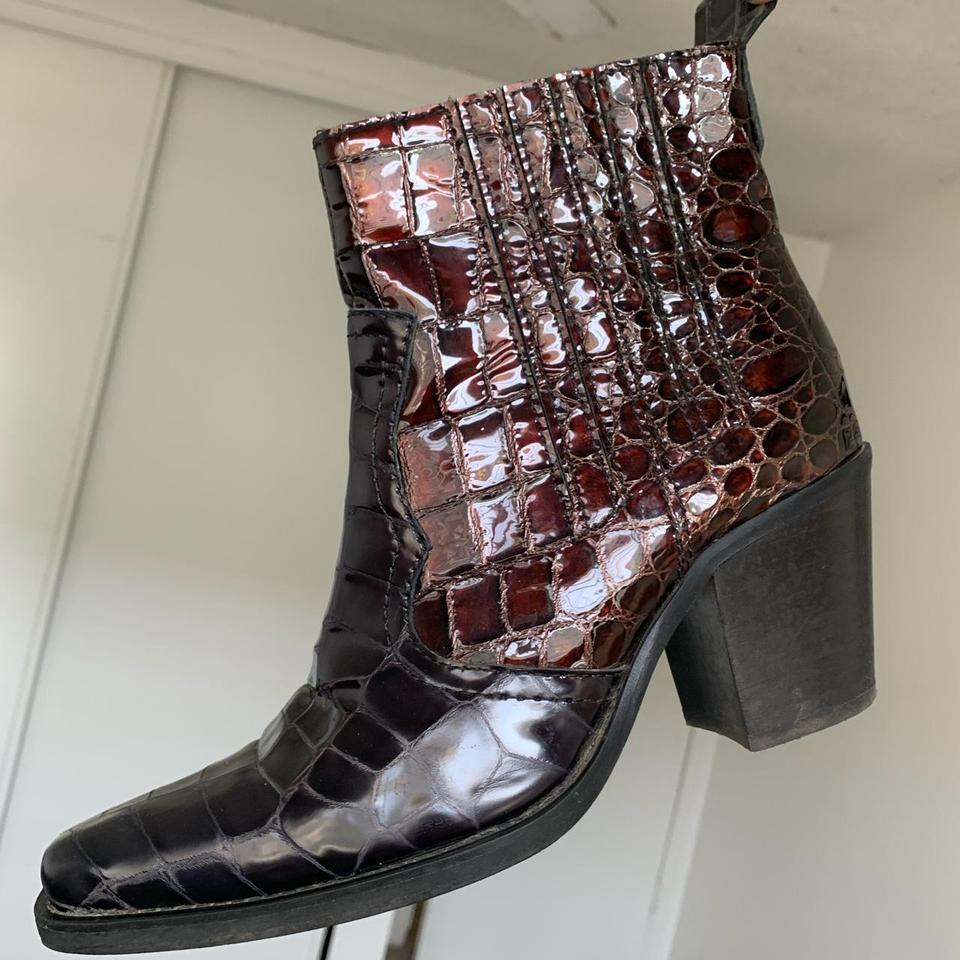 Ganni Western Ankle Boots With Croc Effect In Brown Depop