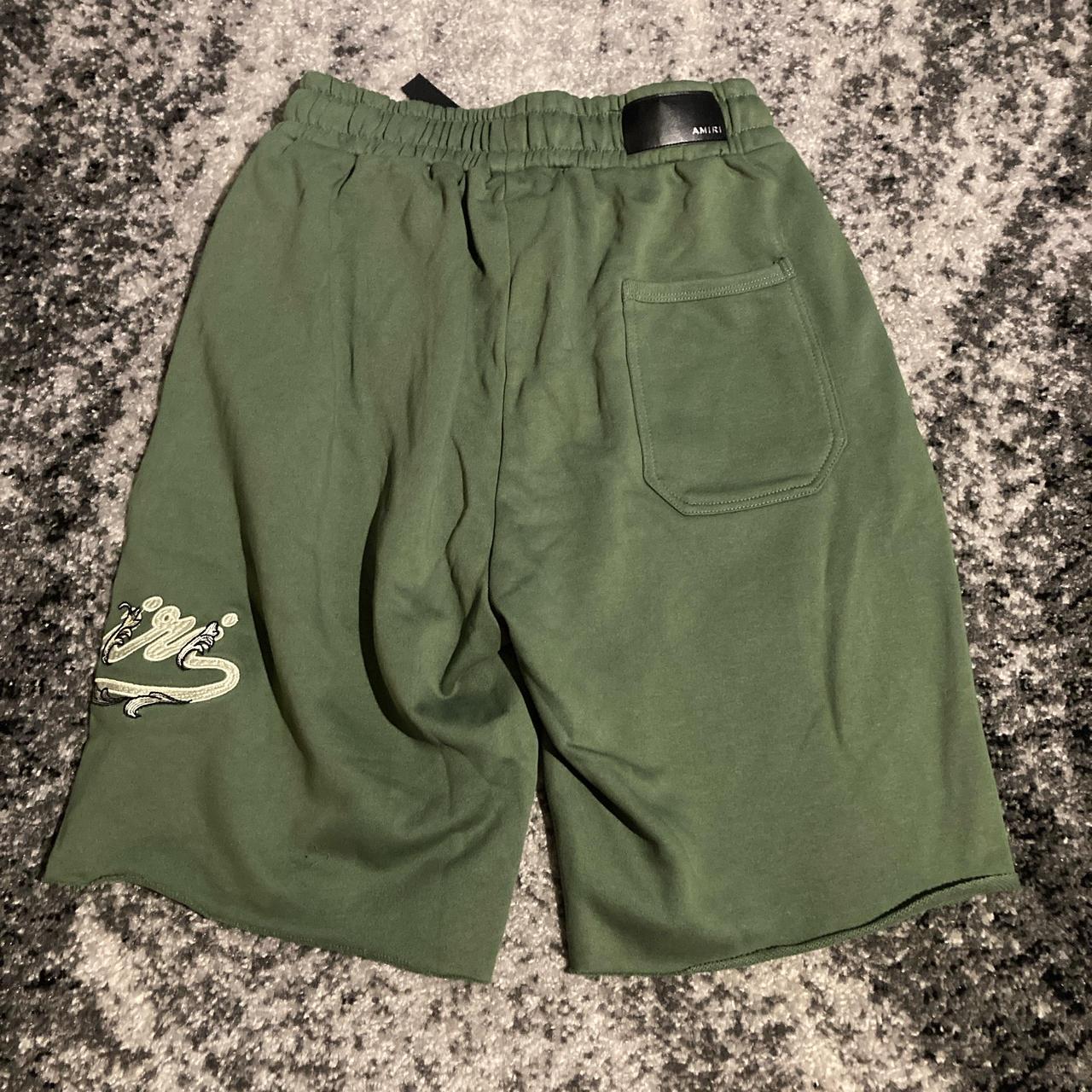 Amiri Filigree Cursive Logo Green Flared Shorts | Depop