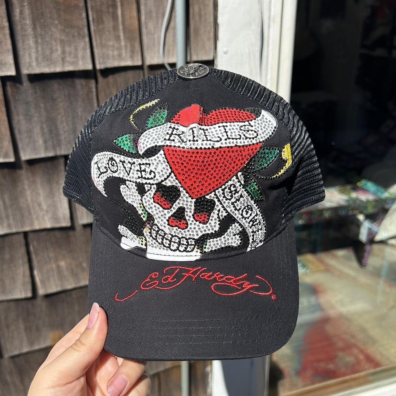Ed hardy hat, black with skull design that says | Depop