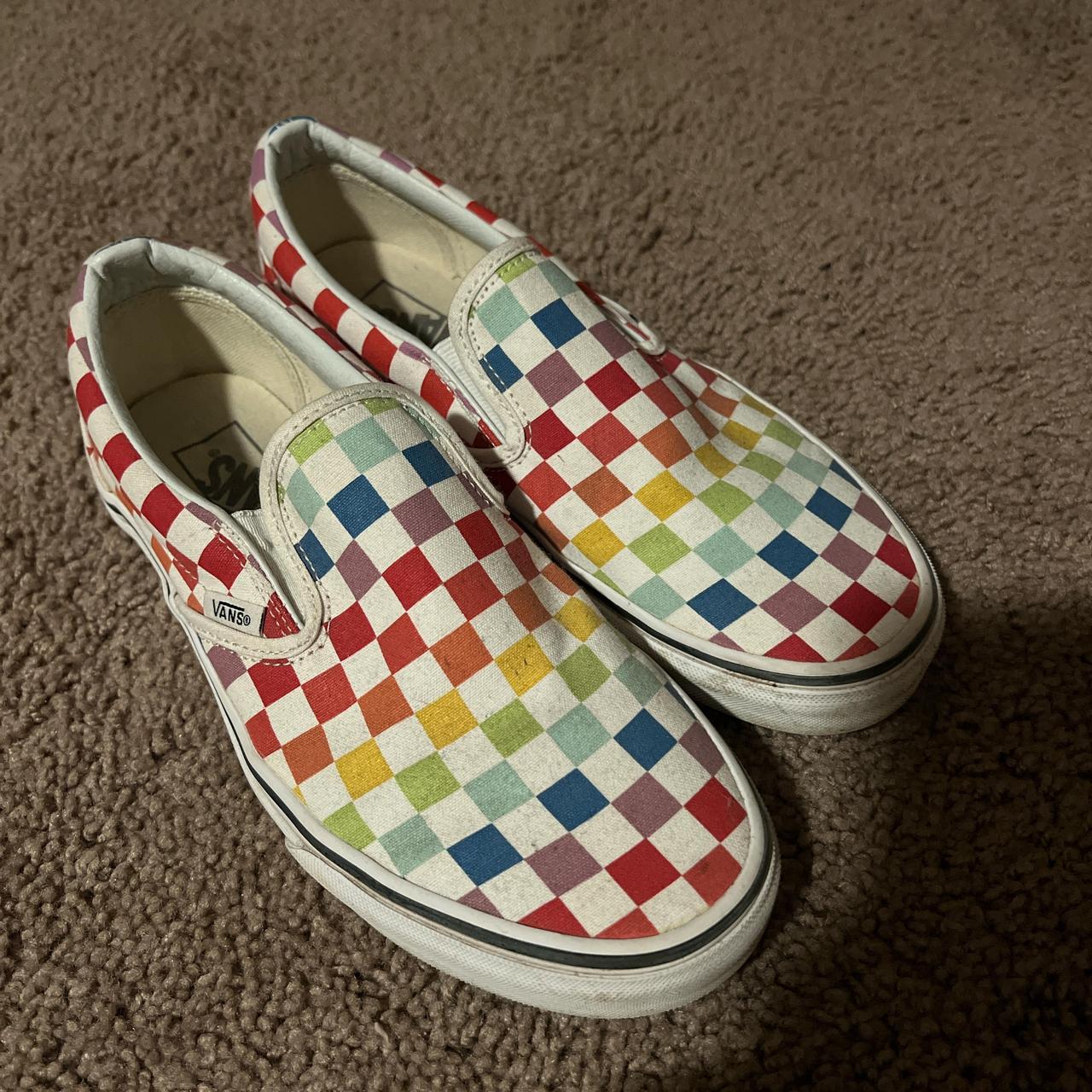 Rainbow checkered Vans slip on trainers Depop