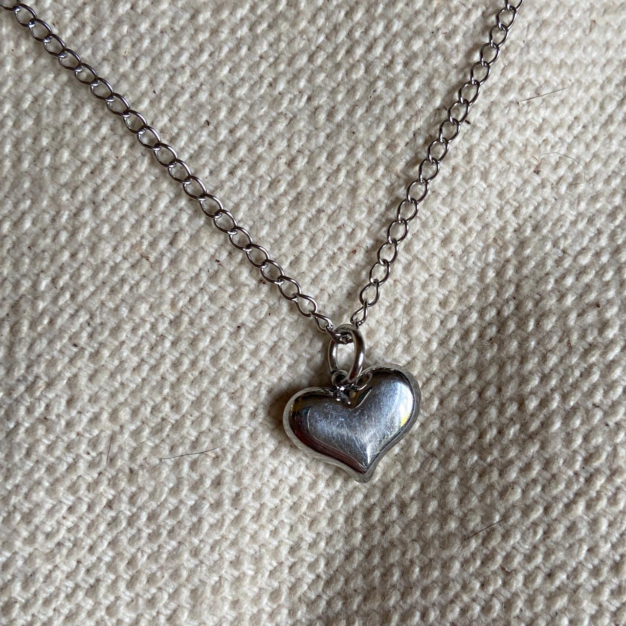 silver chain necklace + love heart shaped charm... - Depop