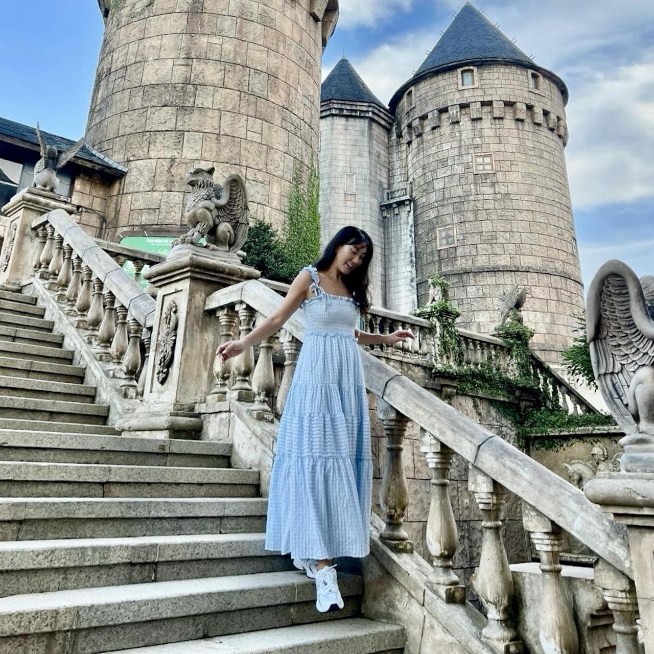 Blue and white gingham dress with a smocked Depop