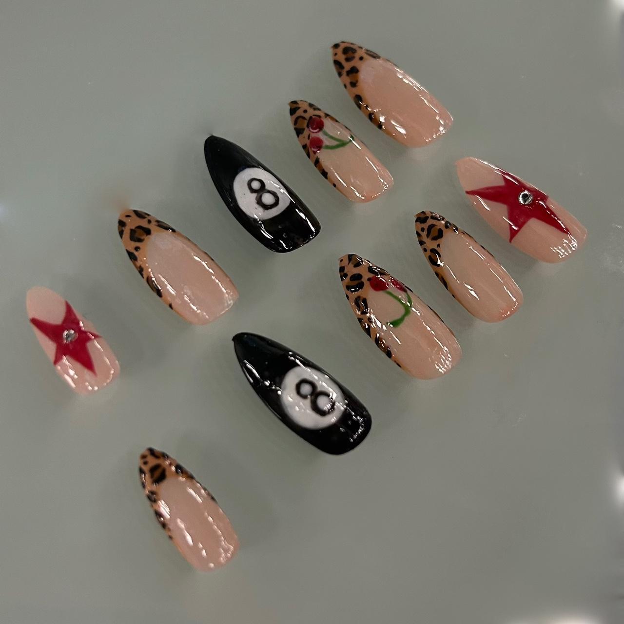 🍒🎱 handmade french tip red stars and cheetah