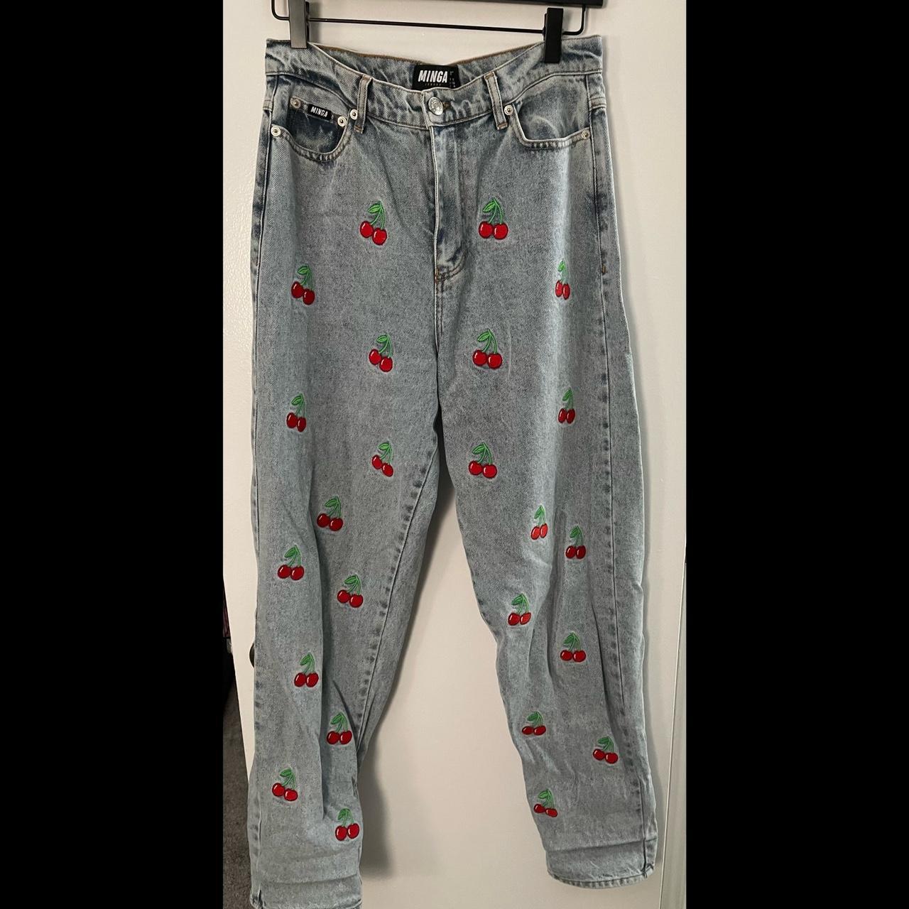 Minga London Cherry Embroidered hot Denim Mom Jeans