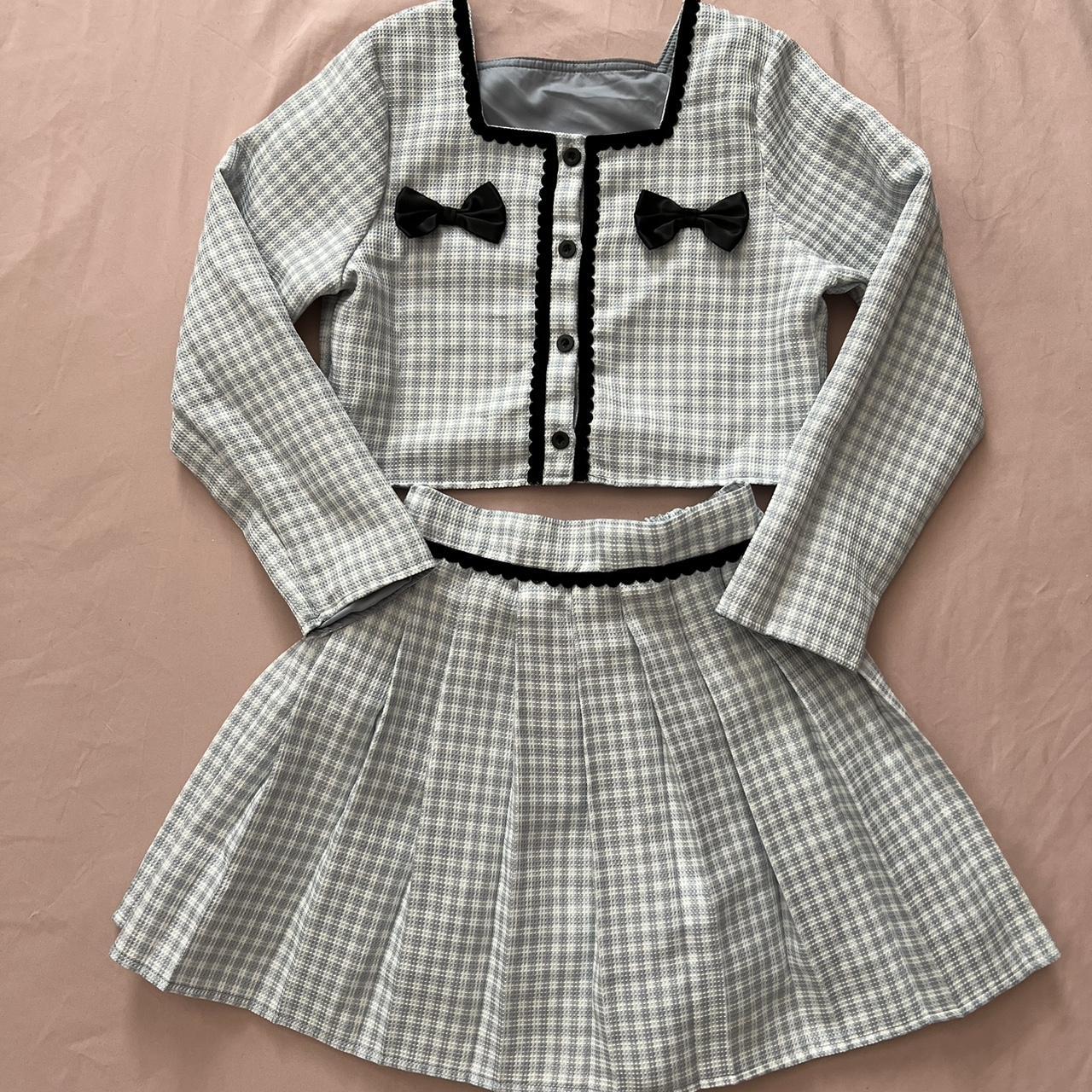 White and baby blue with black bows plaid skirt and. Depop