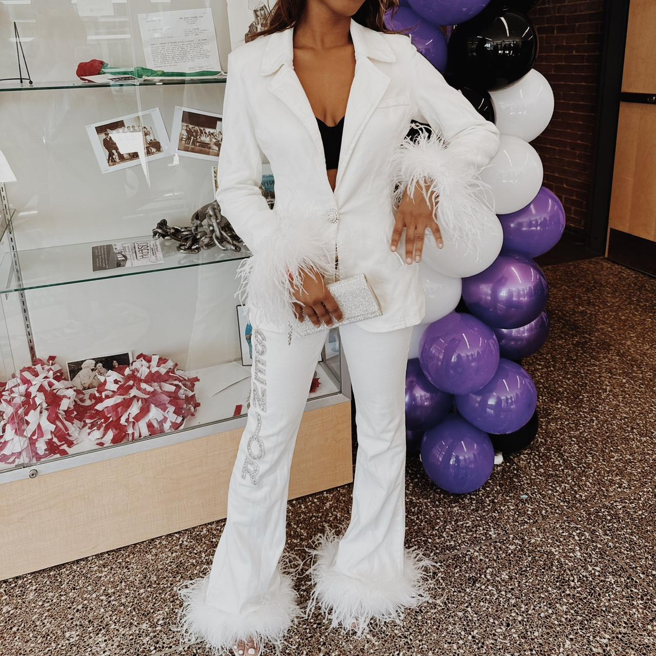 White and silver blazer and pants set with Depop