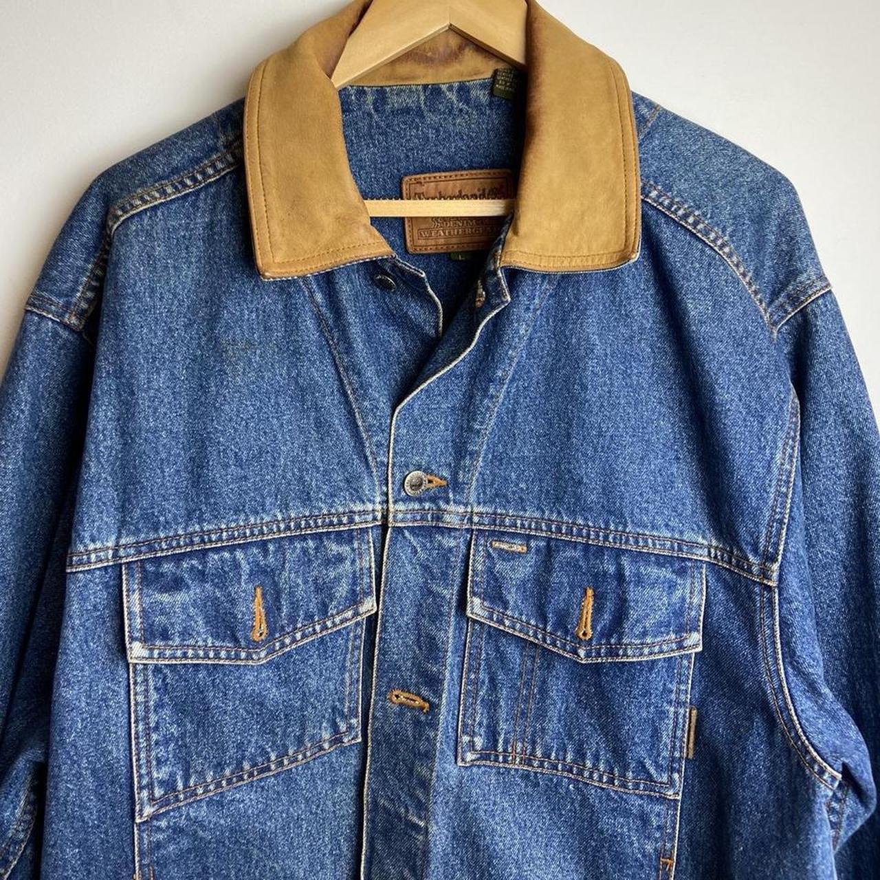Vintage Timberland Jean Jacket with Leather collar.... Depop