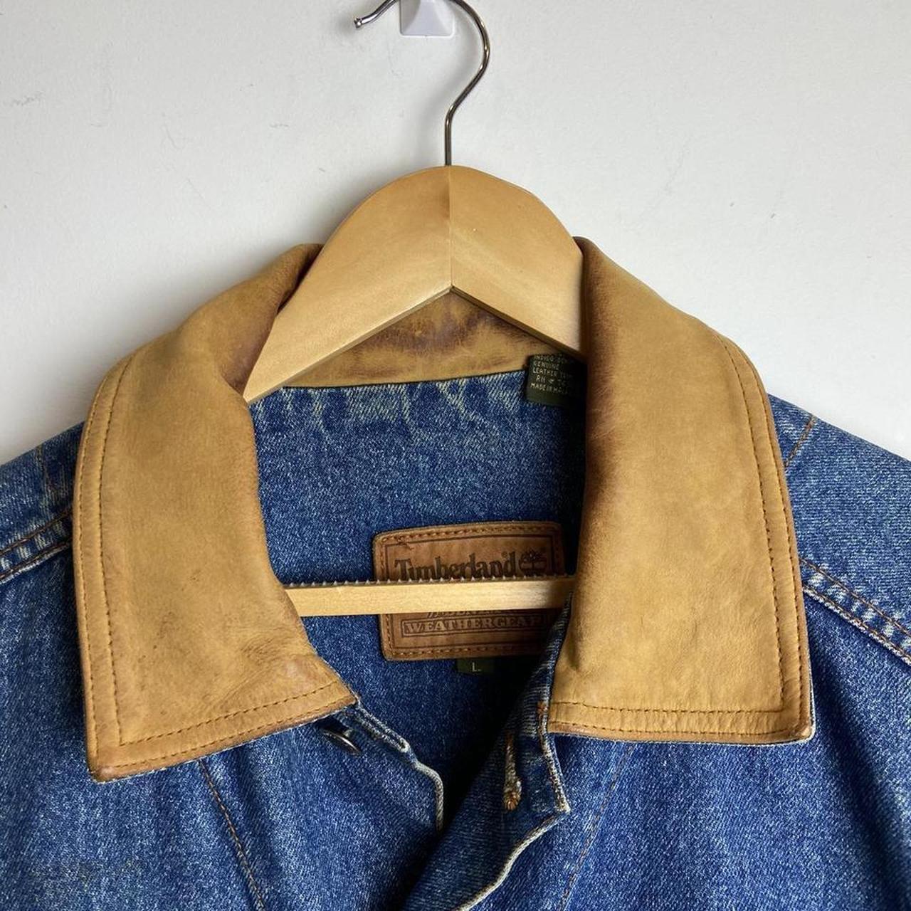 Vintage Timberland Jean Jacket with Leather collar.... Depop
