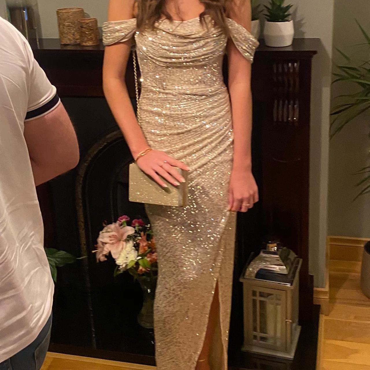 Lipsy Sequin Bardot Split Drape Maxi Dress Depop