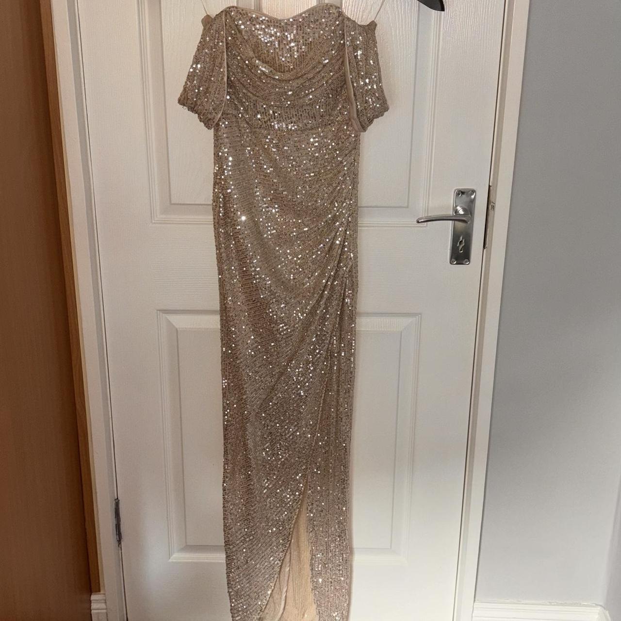 Lipsy Sequin Bardot Split Drape Maxi Dress