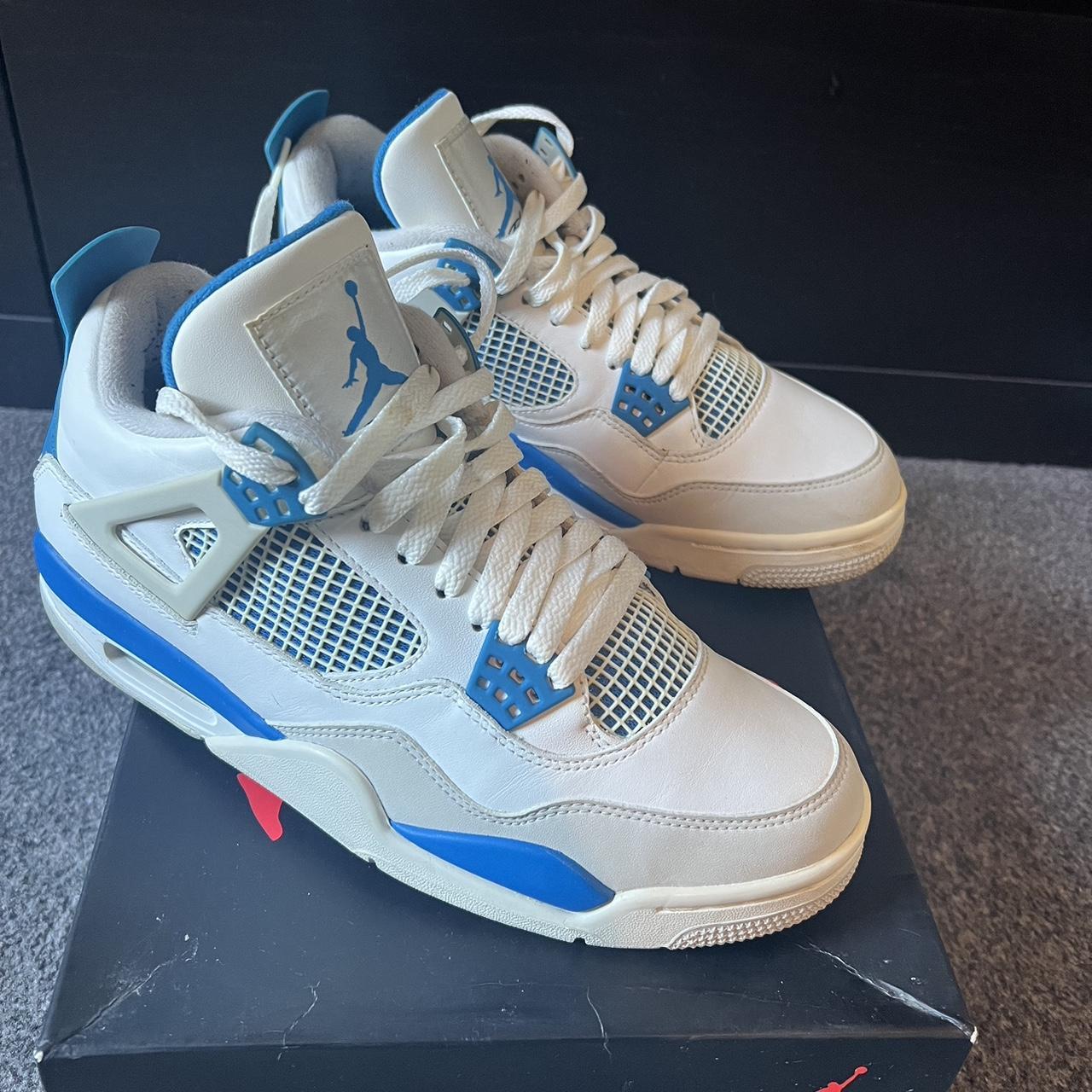 Jordan 4 White Military Blue Ntrl Grey Size UK 7.5... - Depop