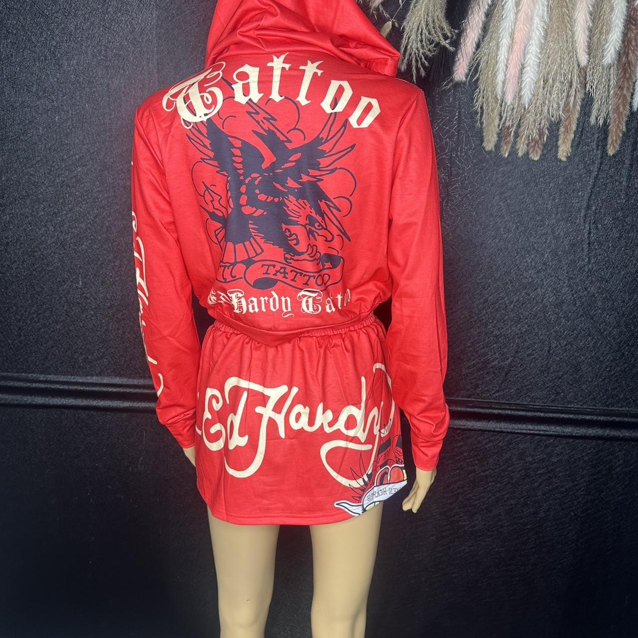 Ed Hardy Red and black two-piece set with hoodie and | Depop