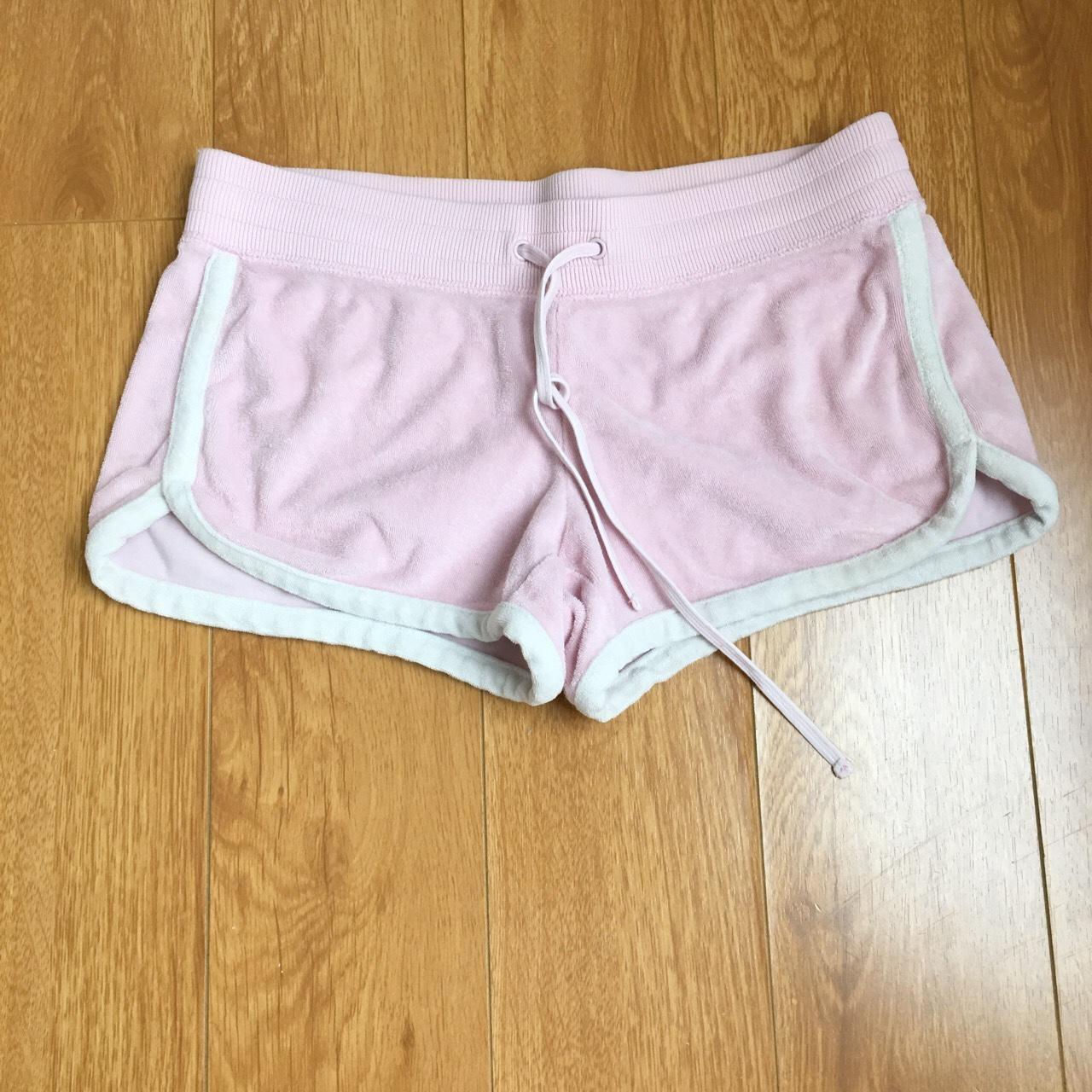 Baby pink terry cloth low waist varsity short shorts... - Depop