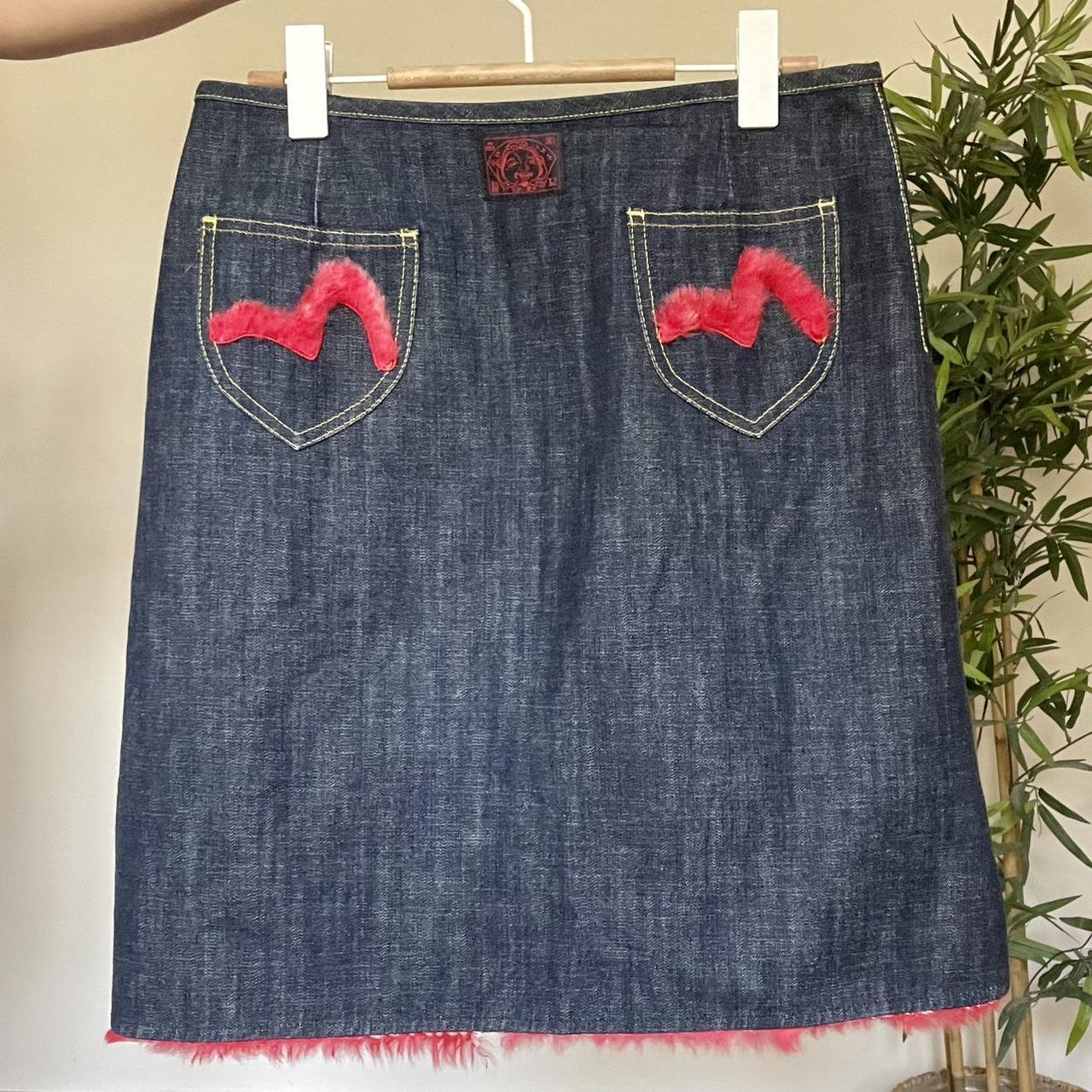 スカート EVISU archive denimpleatsskirt Y2Kstreet RARE vintage EVISU denim skirt with real rabbit fur | Depop