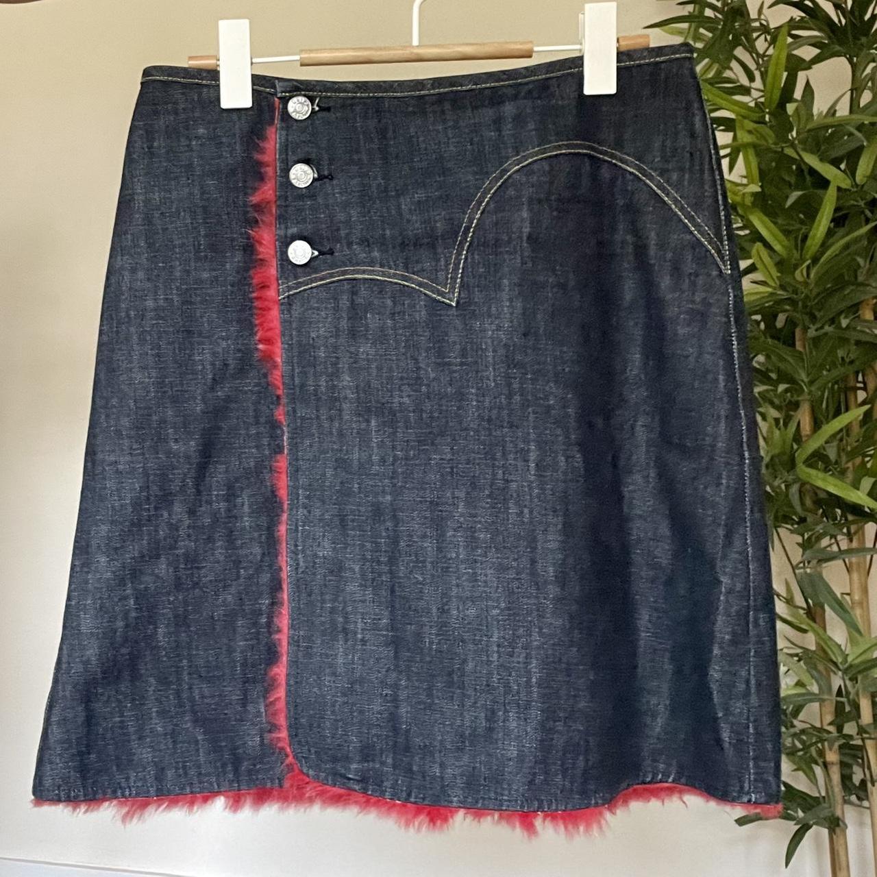 RARE vintage EVISU denim skirt with real rabbit fur... - Depop