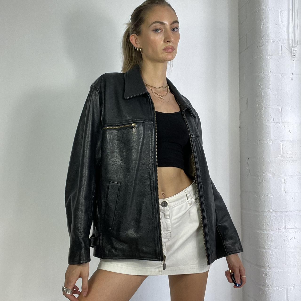 Vintage black leather jacket Y2K zipped leather... - Depop