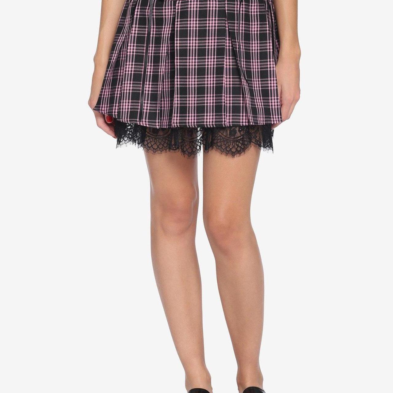 Hot Topic Pink Black Plaid Lace Trim Skirt