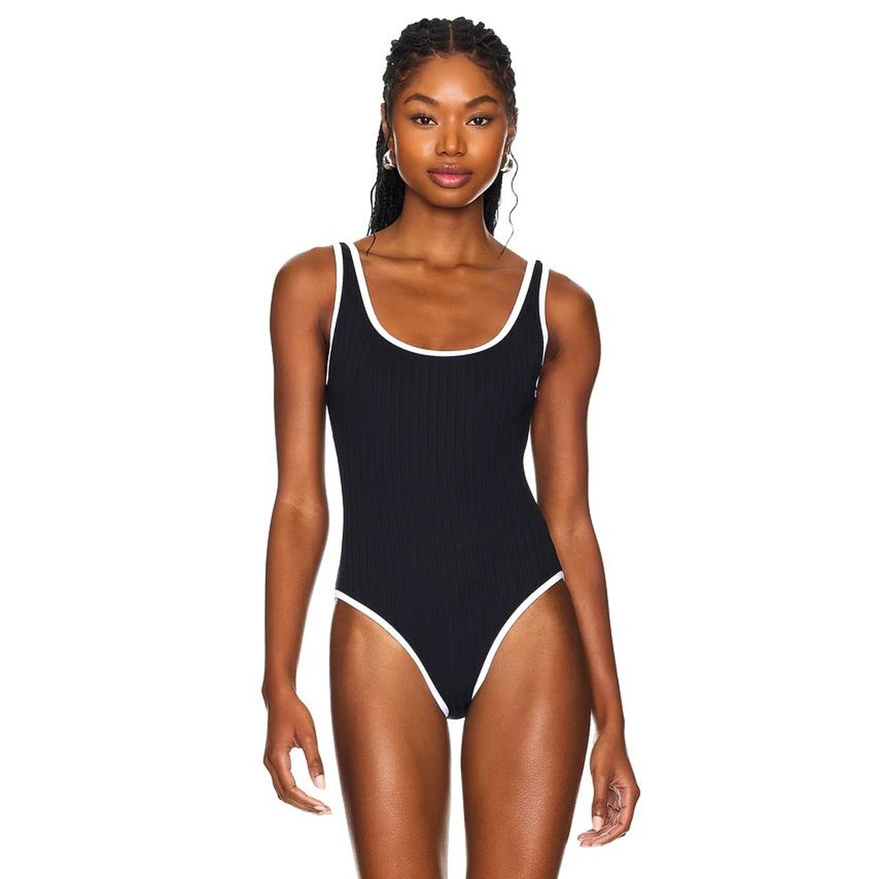 Black and white ribbed one piece swimsuit bikini. Depop