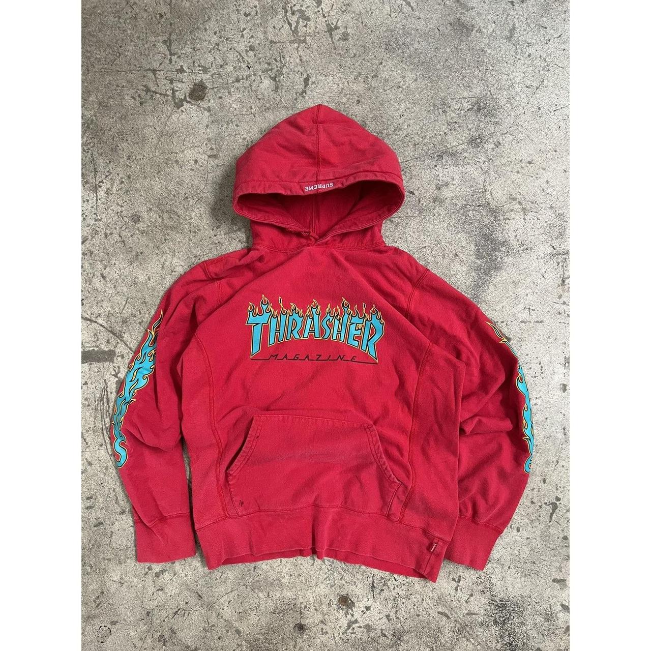 Supreme Thrasher distressed red pullover hoodie... - Depop