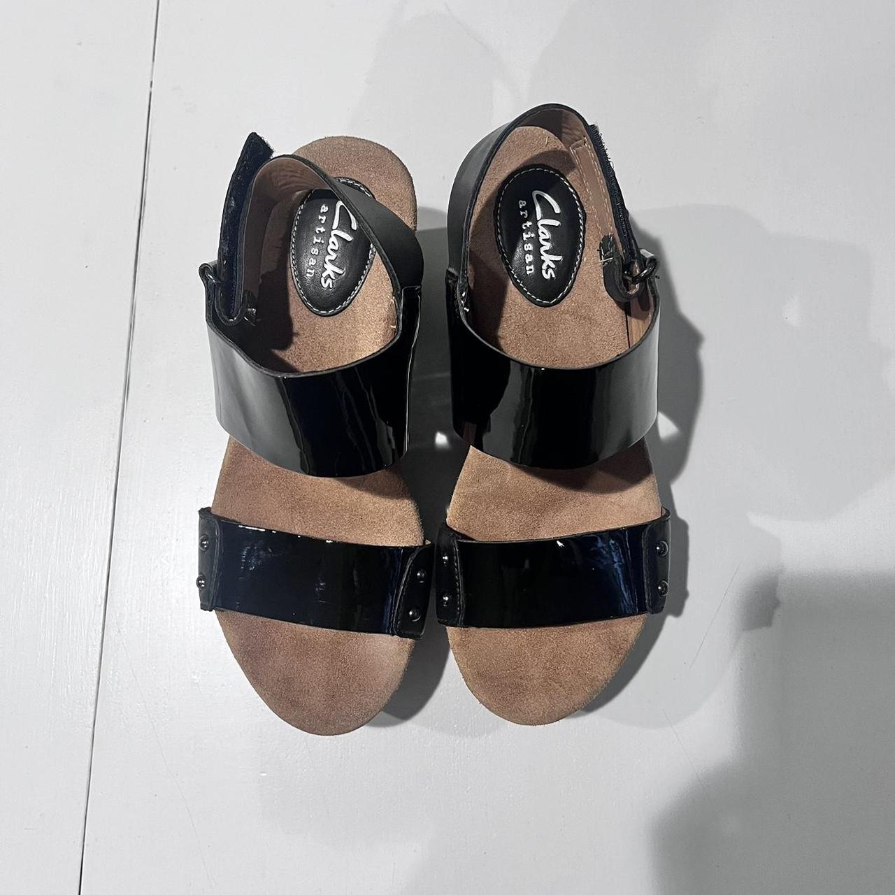 Clarks Black Patent Leather Wedge Slingback Sandal. Depop