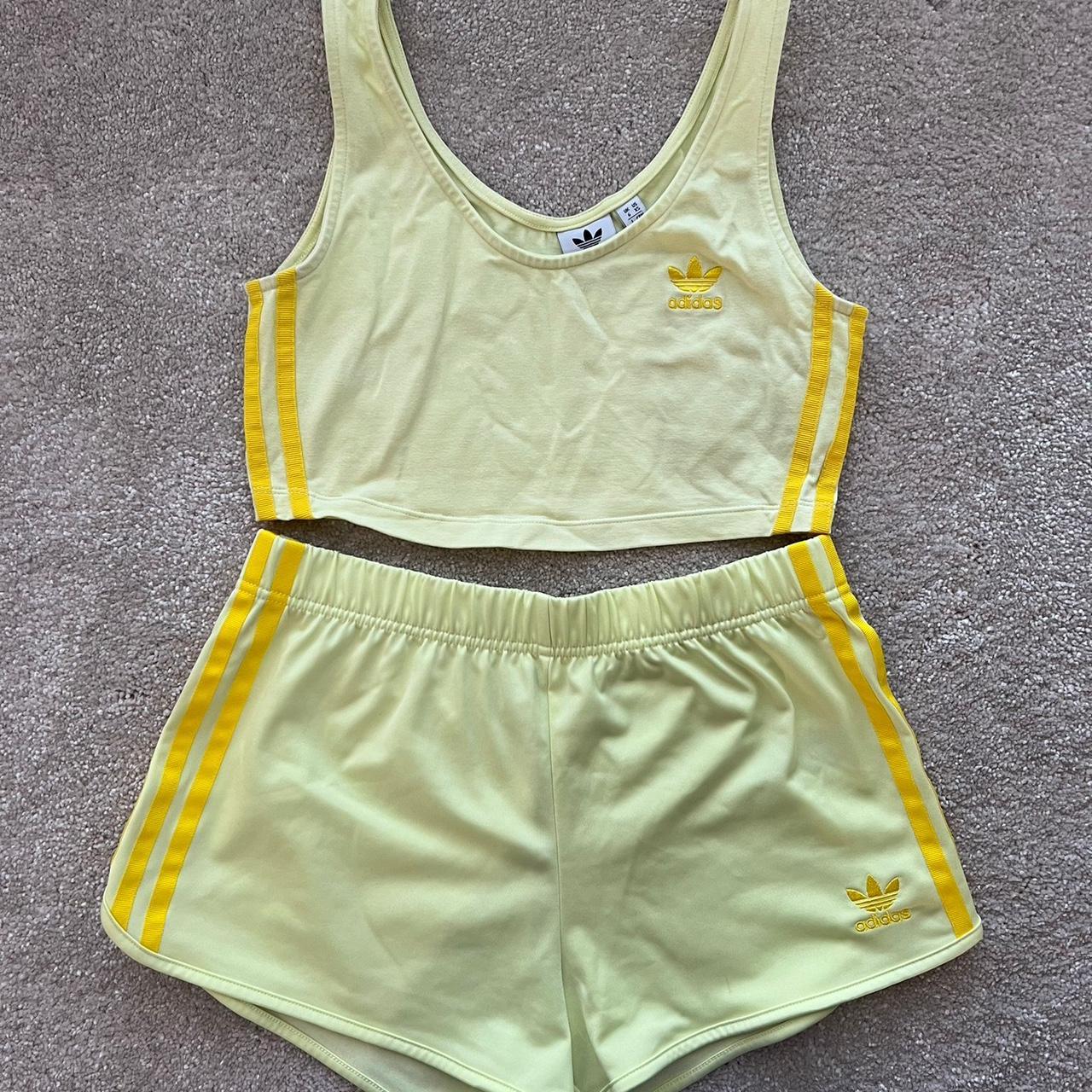 Adidas yellow crop top and shorts two piece co ord. Depop