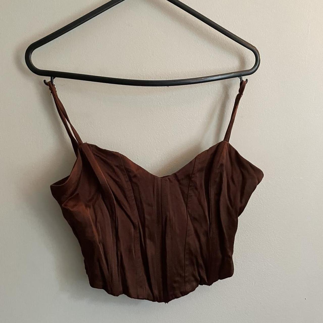 brown satin zara corset top zip up brown corset... Depop