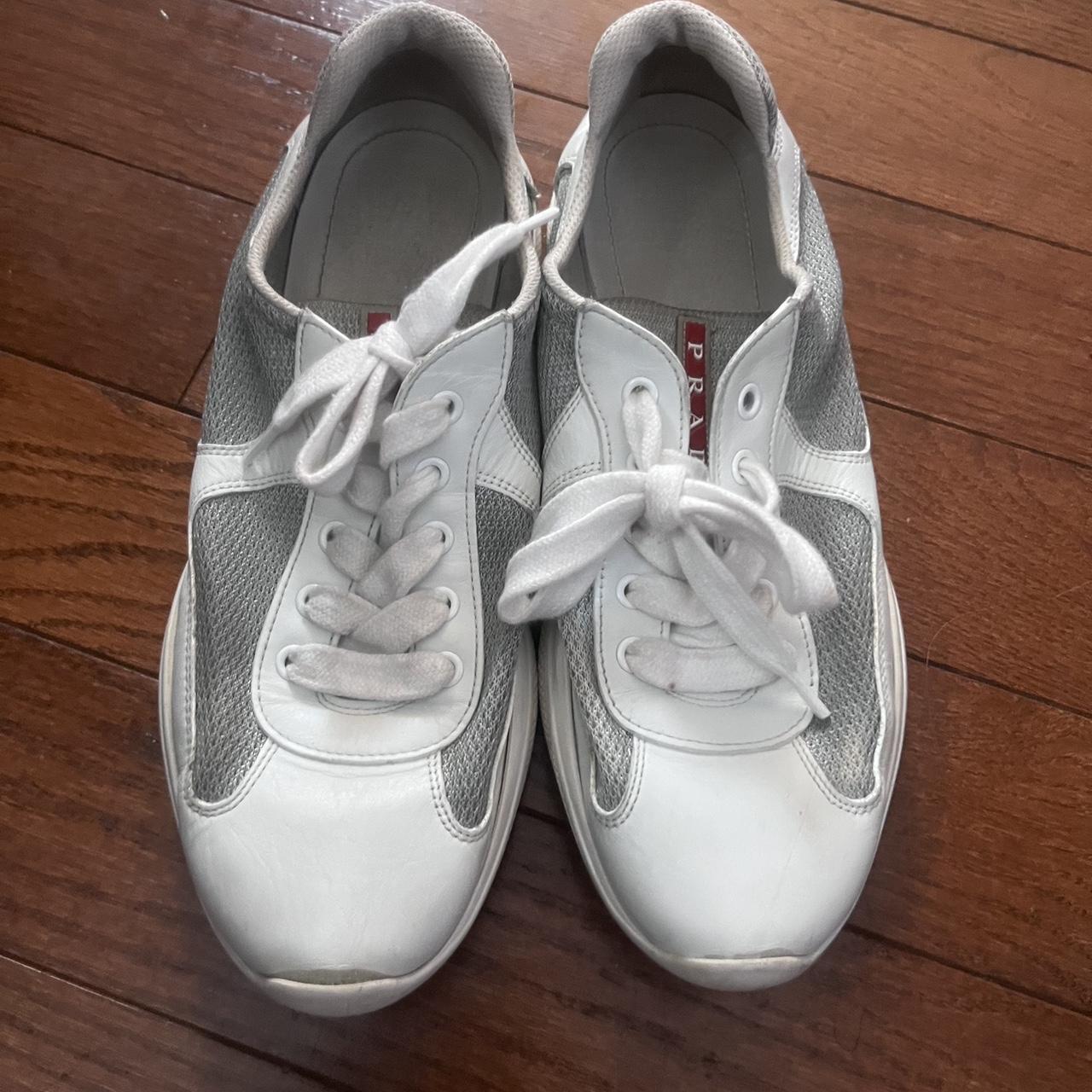 Prada Women's White and Grey Trainers | Depop