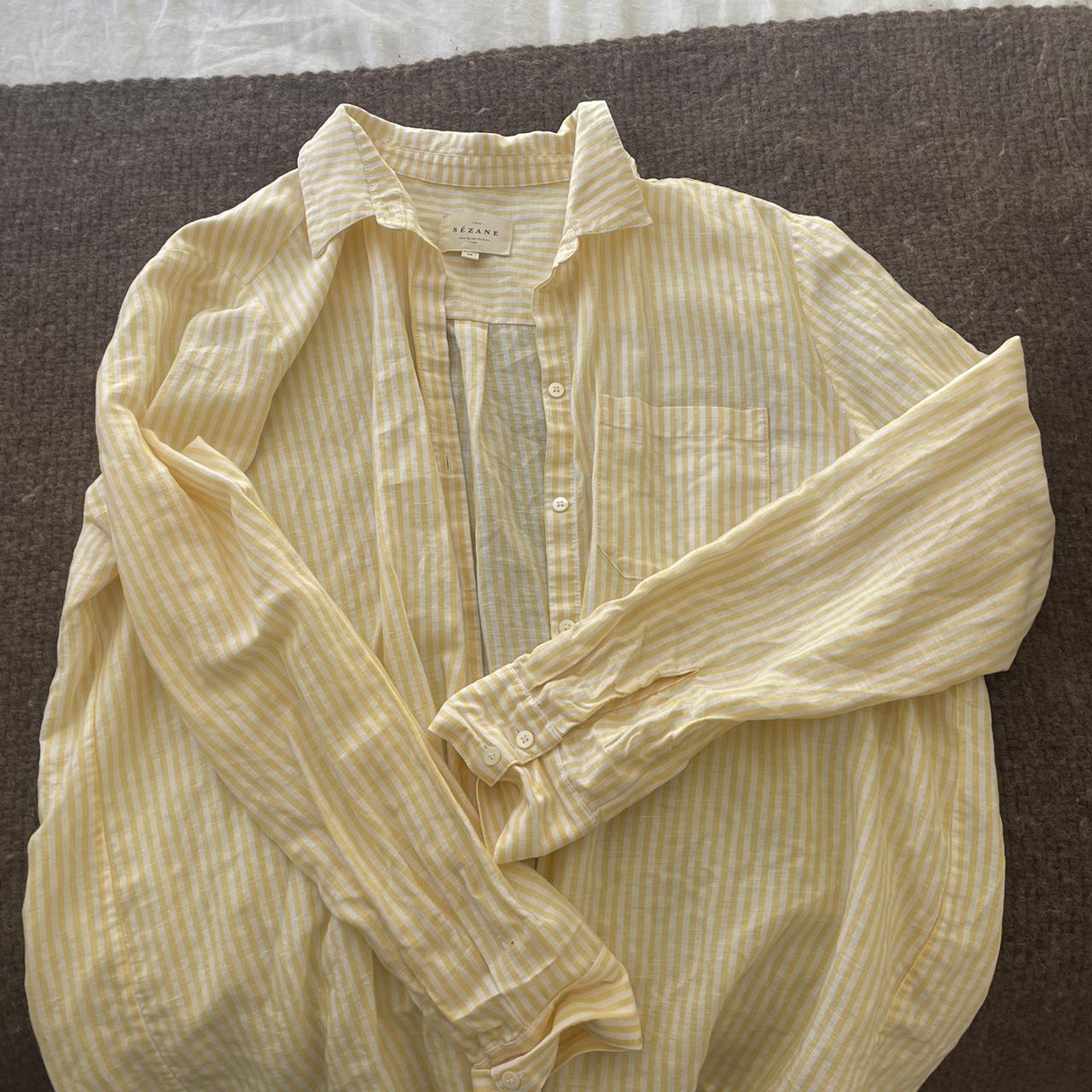 Sézane linen yellow and white striped over shirt -... - Depop