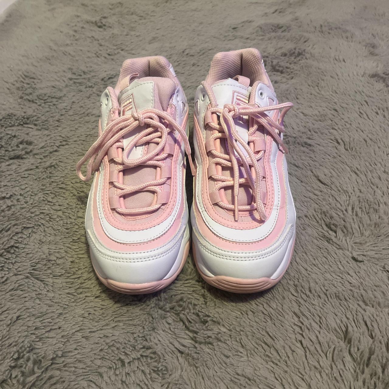 pink and white fila trainers size 5 and a half Depop