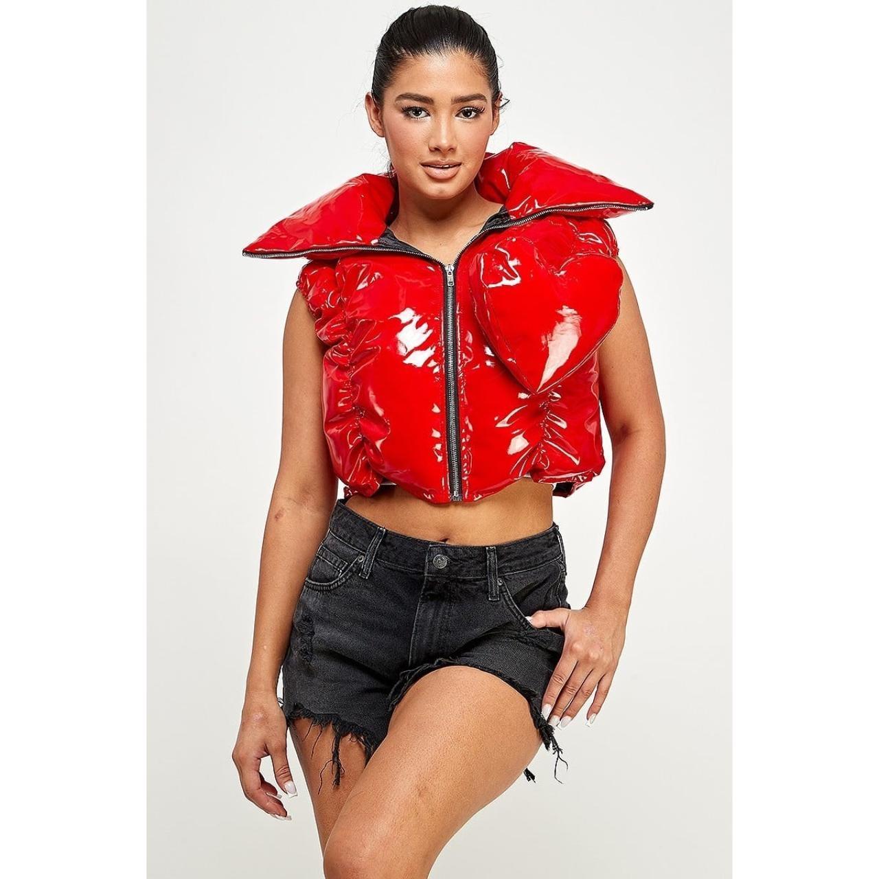 Shiny red puffy vinyl vest with detachable heart Depop