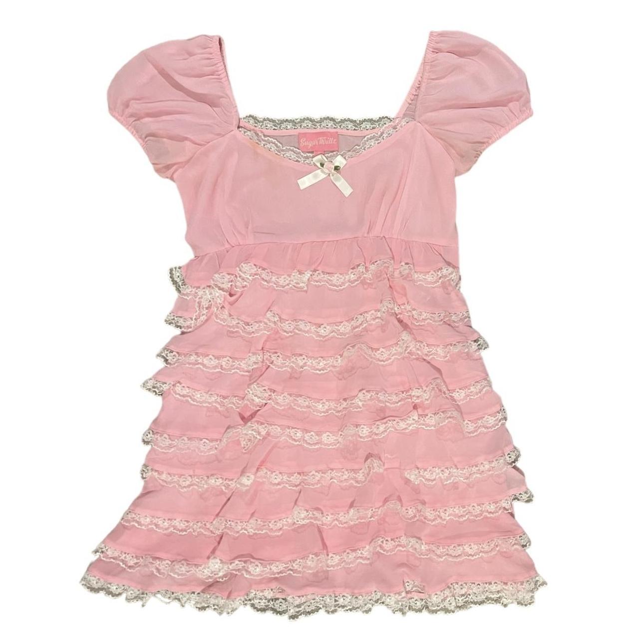 Sugar Thrillz mini dress pink with white lace trim... - Depop
