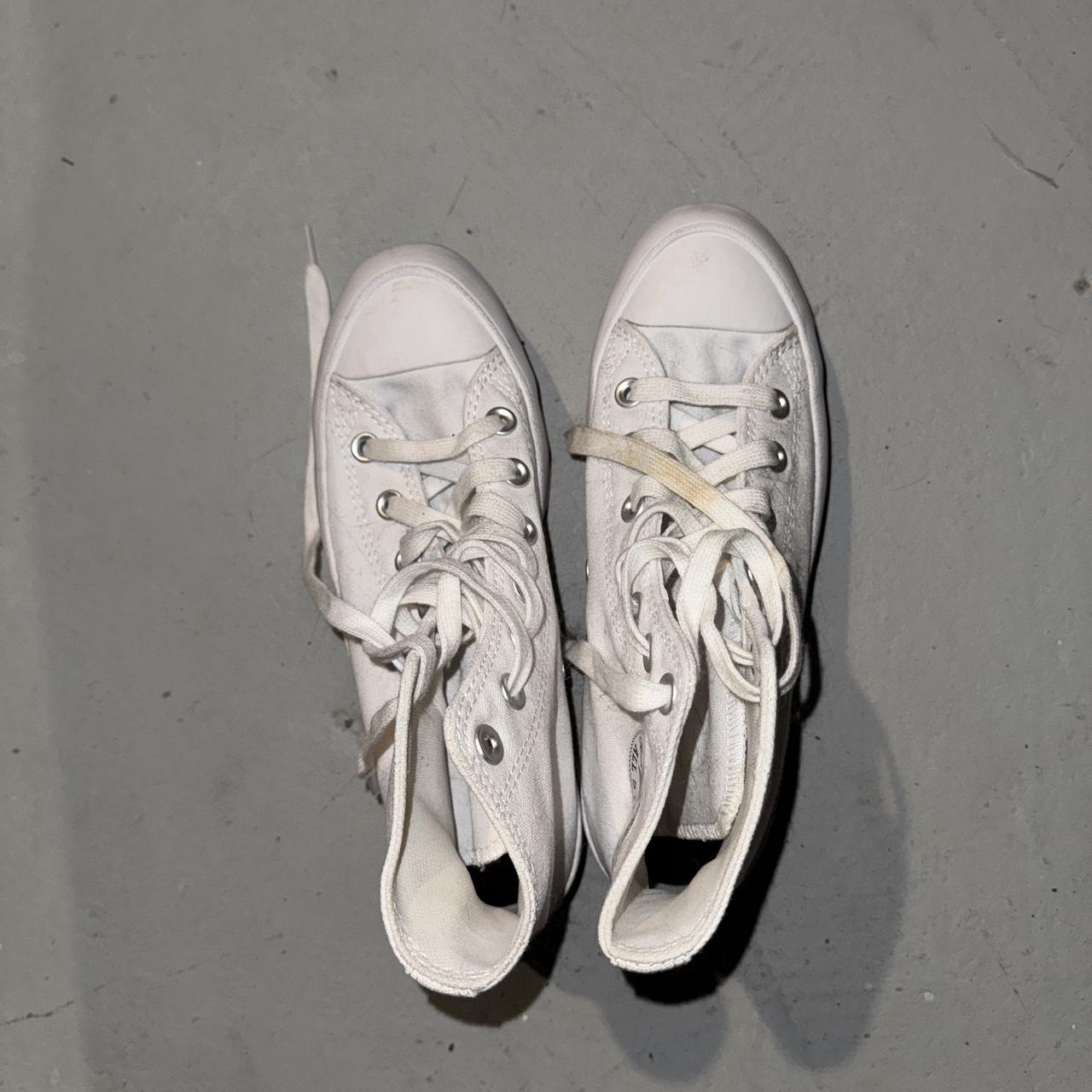 White High Top Converse. Yellow stain on one lace... Depop