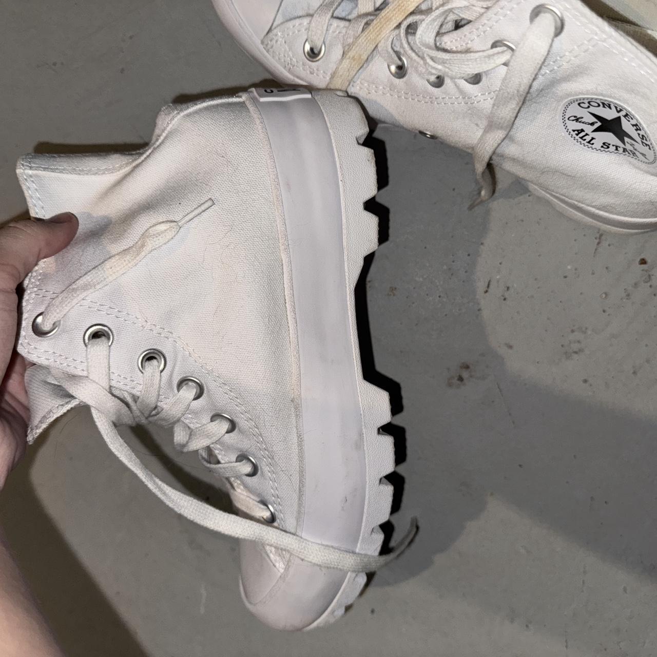 White High Top Converse. Yellow stain on one lace... Depop
