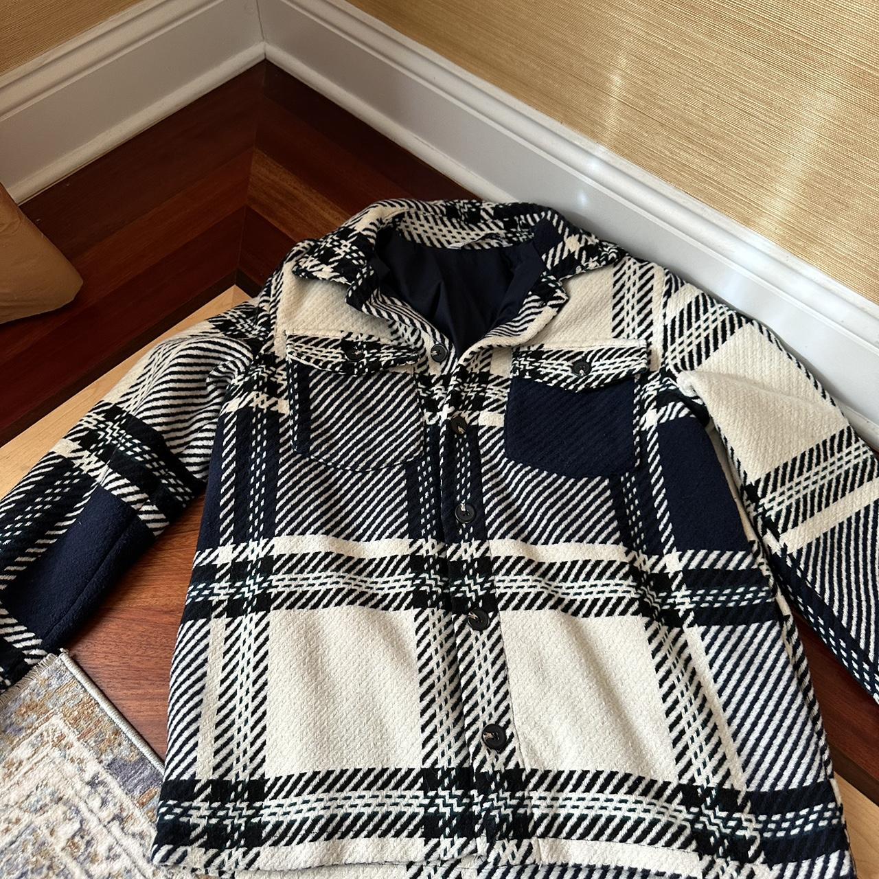 Zara Men’s navy and white plaid jacket with... Depop