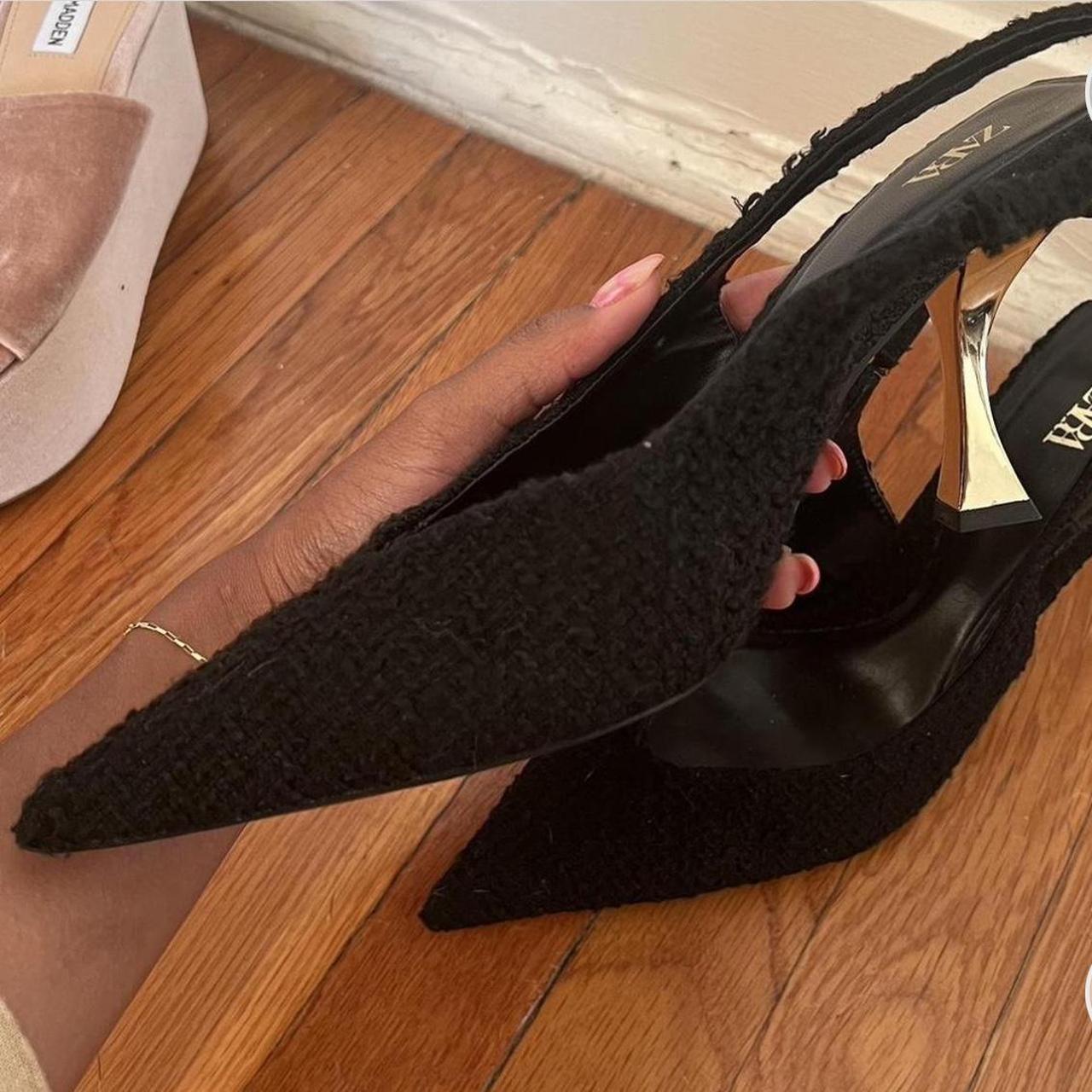 Black pointed toe Zara kitten heels gold accent... Depop