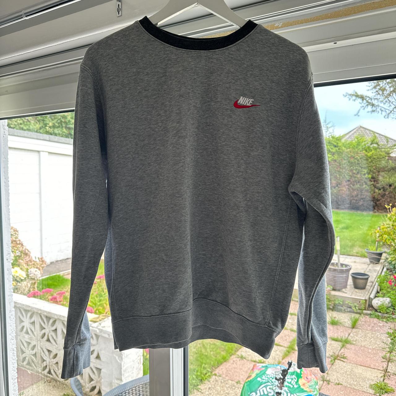 Nike grey and red crewneck jumper like new barely. Depop