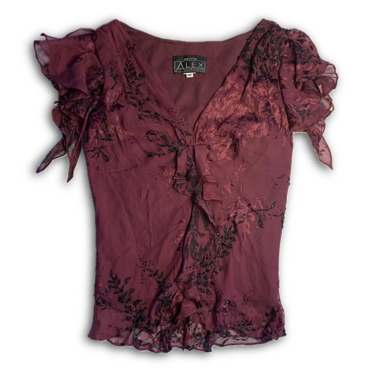 Burgundy floral Alex Evenings beaded blouse with... Depop
