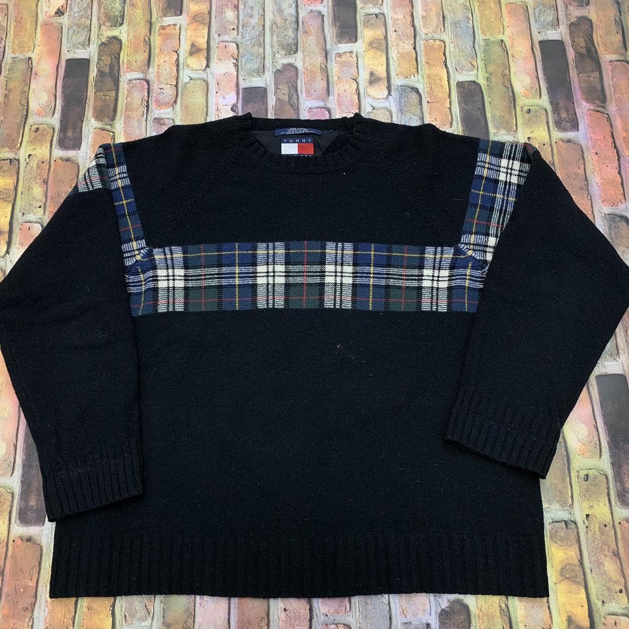 Vintage Tommy Hilfiger wool plaid sweater in black.... - Depop