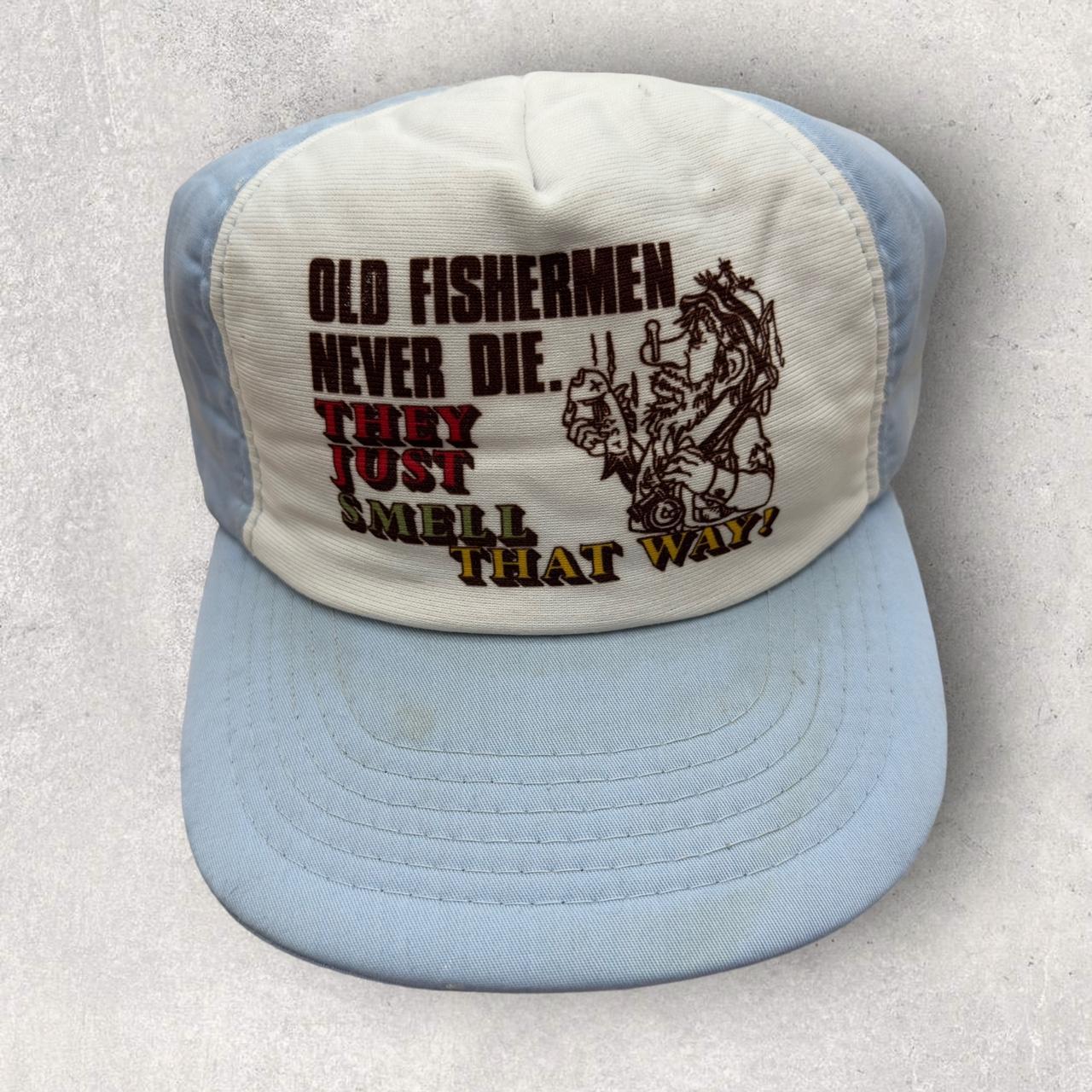 Vintage fishing snapback hat in light blue. From the