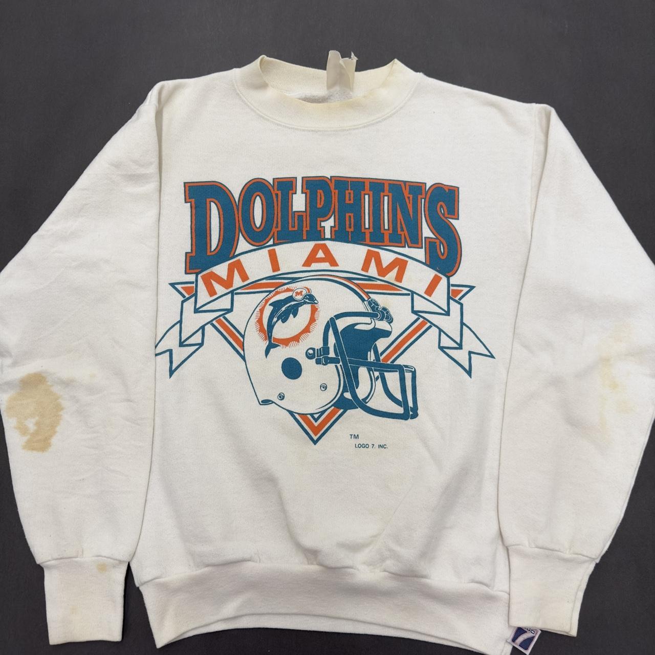 Vintage Logo 7 Miami Dolphins sweatshirt in white. - Depop