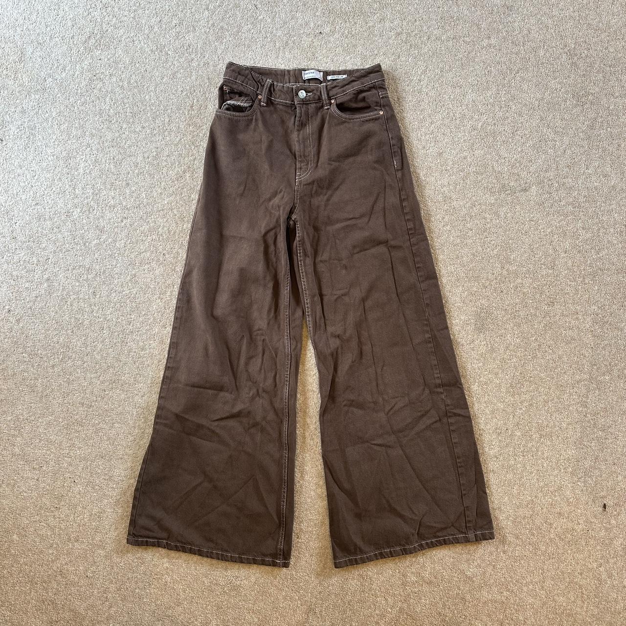 Bershka Brown Wide Leg Twill Trousers/Jeans WORN... - Depop